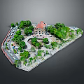 Red Roof Building Main Gate With Circular Plaza Lush Green Trees And Road
