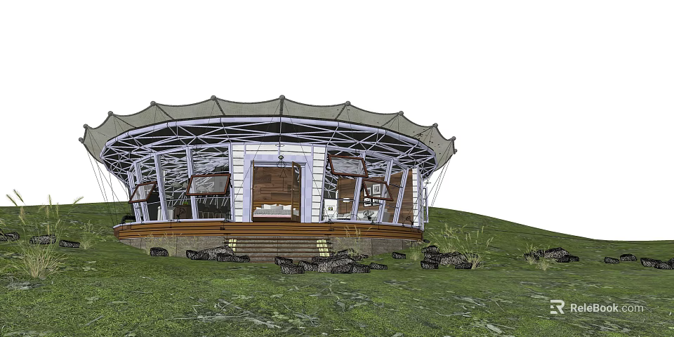 Modern Circular Detached Villa With Large Windows Steps To Entrance And Grassland Surroundings 3d model 