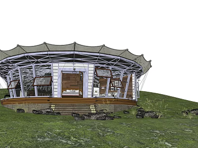 Modern Circular Detached Villa With Large Windows Steps To Entrance And Grassland Surroundings 3d model