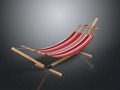 Comfortable Hammock Chair With Red And White Striped Fabric And Wooden Stand 3d model