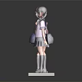 Realistic Schoolgirl Statues In Uniform With Backpack Purple Socks Front Back Views On Pedestals
