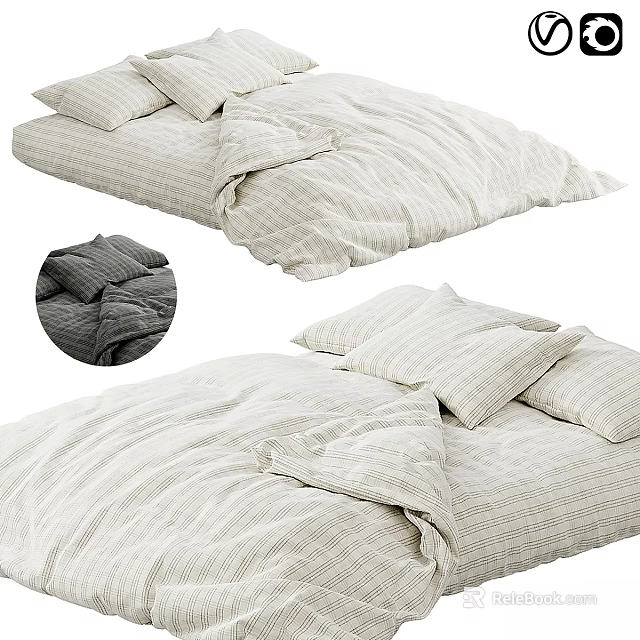 Double Bed With Striped Linen Bedding Pillows And Neutral Tones Design 3d model 