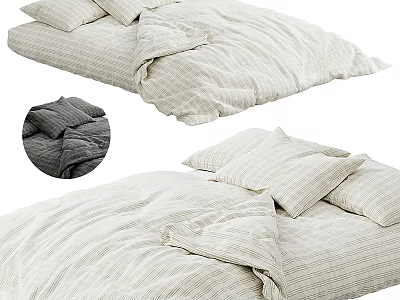 Double Bed With Striped Linen Bedding Pillows And Neutral Tones Design 3d model