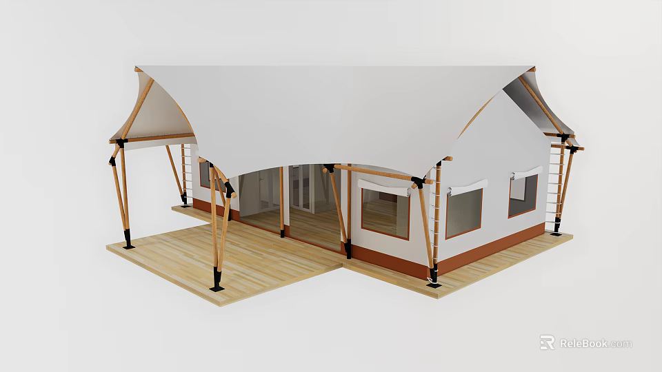 Tent Style Hotel Building With White Canopy Wooden Deck And Supporting Poles 3d model 