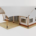 Tent Style Hotel Building With White Canopy Wooden Deck And Supporting Poles