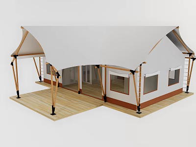 Tent Style Hotel Building With White Canopy Wooden Deck And Supporting Poles 3d model