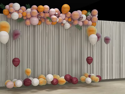 Colorful Balloons Decorative Arrangement With Striped Curtain Backdrop For Living Spaces 3d model