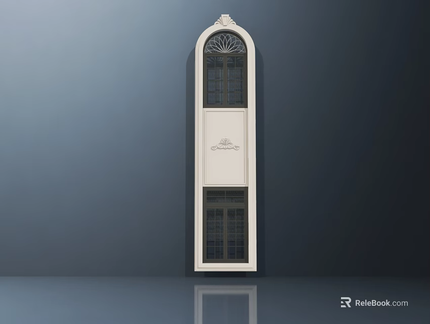 Traditional Casement Window With Decorative Top Grid Panes And White Frame Design For Home 3d model 