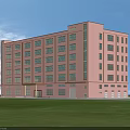 Pink Multi Storey Industrial Factory Building With Many Windows Green Grassland Blue Sky White Clouds