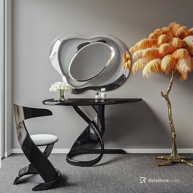 Black Modern Dressing Table With Twisted Base Stylish Mirror White Flowers And Orange Feather Decor 3d model 