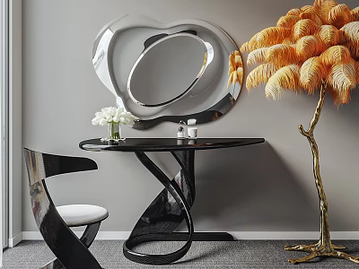 Black Modern Dressing Table With Twisted Base Stylish Mirror White Flowers And Orange Feather Decor 3d model