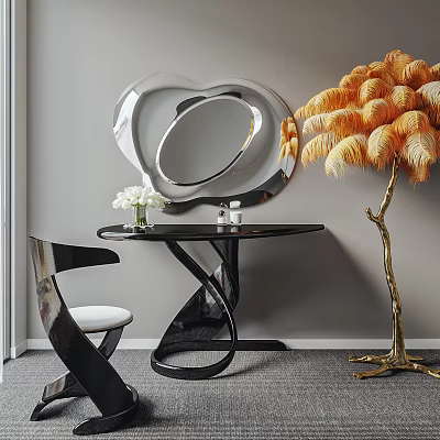 Black Modern Dressing Table With Twisted Base Stylish Mirror White Flowers And Orange Feather Decor 3d model