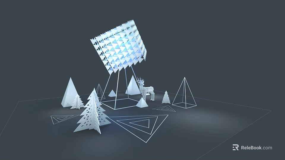 Tilted Grid Patterned Cube Art Installation With Geometric Shapes And Deer Figure 3d model