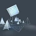 Tilted Grid Patterned Cube Art Installation With Geometric Shapes And Deer Figure 3d model