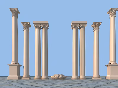 Classical Roman Columns with Ornate Capitals on Stone Paved Floor Against Blue Sky 3d model