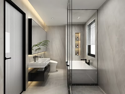 Elegant Modern Minimalist Bathroom Interior Design With Light Marble Finishes Floating Sink Toilet And Bathtub 3d model