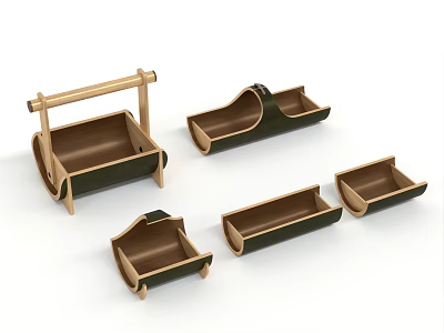 Tableware Set Featuring Wooden Frame Dark Interior and Various Shapes Storage Containers 3d model