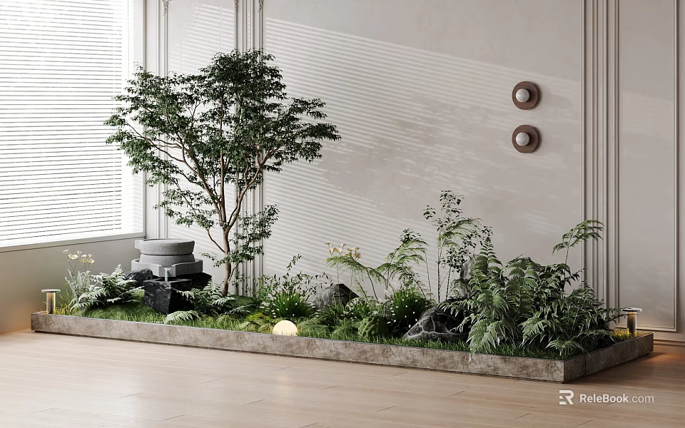 Indoor Decorative Bonsai Plants With Large Tree Greenery Stones And Window Background 3d model 