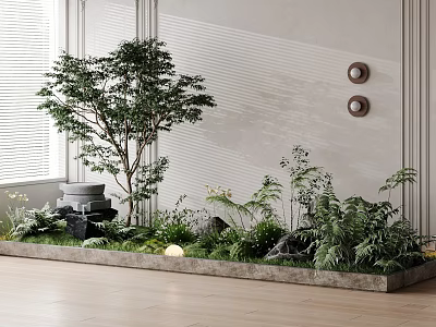 Indoor Decorative Bonsai Plants With Large Tree Greenery Stones And Window Background 3d model