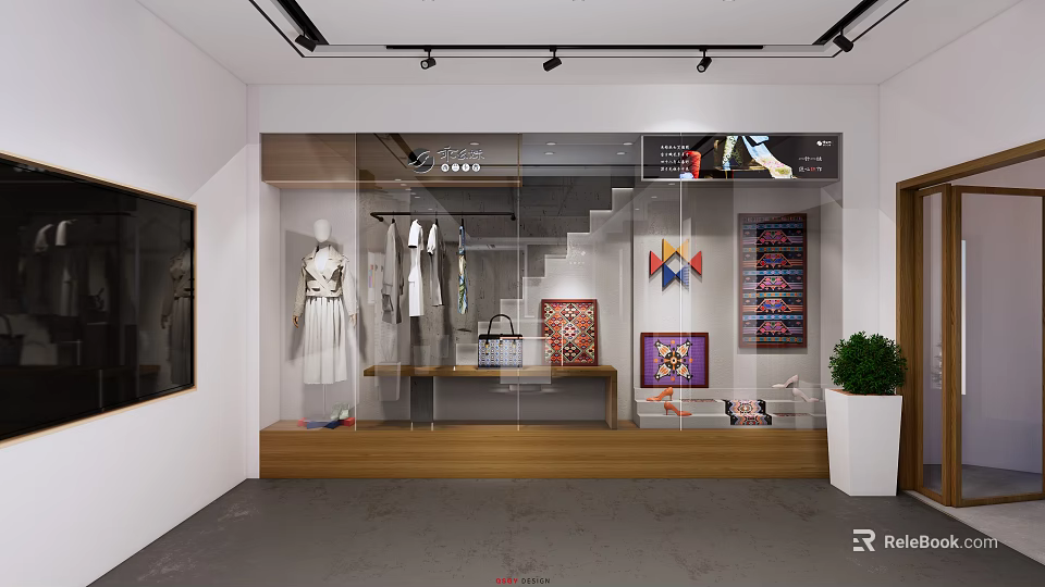 Modern Clothing Store Interior With Mannequins Clothes And Decorative Display Shelves 3d model 