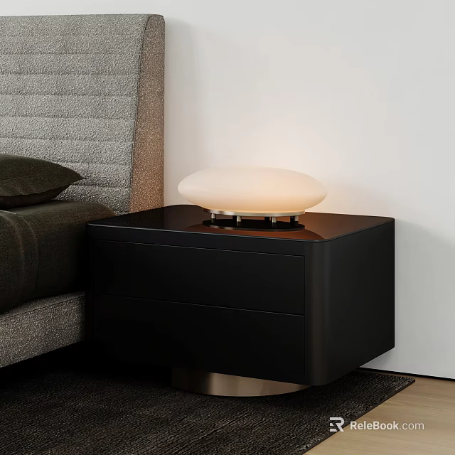 Sleek Modern Black Nightstand With Two Drawers And White Oval Table Lamp In Bedroom 3d model 