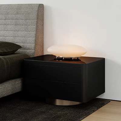 Sleek Modern Black Nightstand With Two Drawers And White Oval Table Lamp In Bedroom 3d model