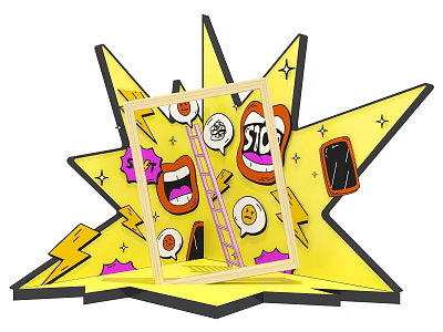 Vibrant Photo Spot With Yellow Star Shaped Background Wooden Frame And Emoji Elements 3d model