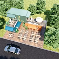 Colorful Container Building Cafe with Outdoor Seating Hello Sign and Green Trees