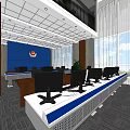 Modern Control Room Interior With Multiple Monitors Large Blue Screen And Console 3d model