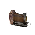 Vintage Style Digital Camera With Metal And Wooden Body On Wooden Table Top