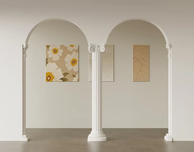 White Arches Interior Design With Columns Sunflower And Textured Wall Art 3d model