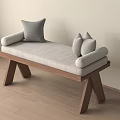 Public Bench With Wooden Frame Gray Cushion And Pillows In Minimalist Indoor Setting