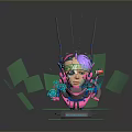 Biomechanical Character With Purple Hair Green Goggles Mechanical Antennas And Floating Green Cubes