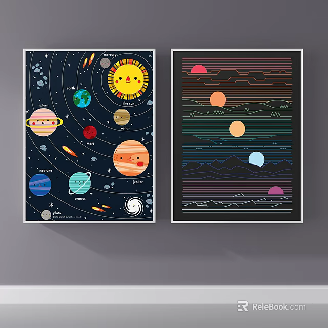 Colorful Illustrative Cosmic Posters With Planets Sun Rocket And Mountain Lines 3d model 