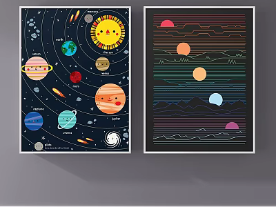 Colorful Illustrative Cosmic Posters With Planets Sun Rocket And Mountain Lines 3d model