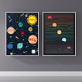 Colorful Illustrative Cosmic Posters With Planets Sun Rocket And Mountain Lines