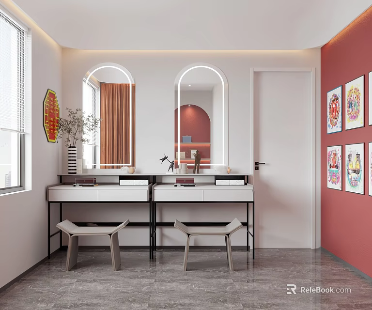Beauty Hair Salon Interior With Round Mirrors Vanity Tables Red Walls Decorative Paintings And Plants 3d model 
