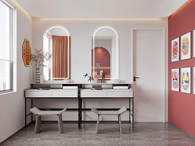 Beauty Hair Salon Interior With Round Mirrors Vanity Tables Red Walls Decorative Paintings And Plants 3d model