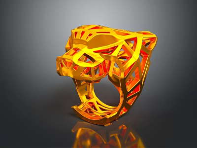 Golden Panther Head Ring On Dark Background With Hollow Geometric Design And Shiny Reflection 3d model