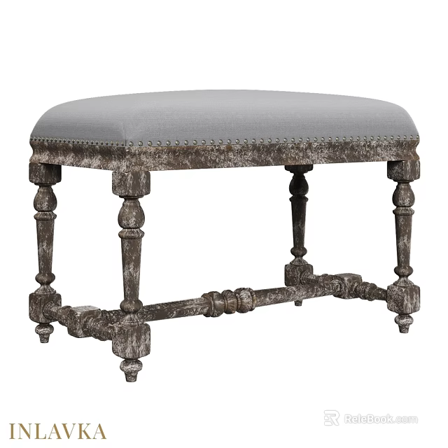 Classic Sofa Stool With Gray Padded Seat And Vintage Carved Legs 3d model 