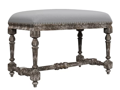 Classic Sofa Stool With Gray Padded Seat And Vintage Carved Legs 3d model