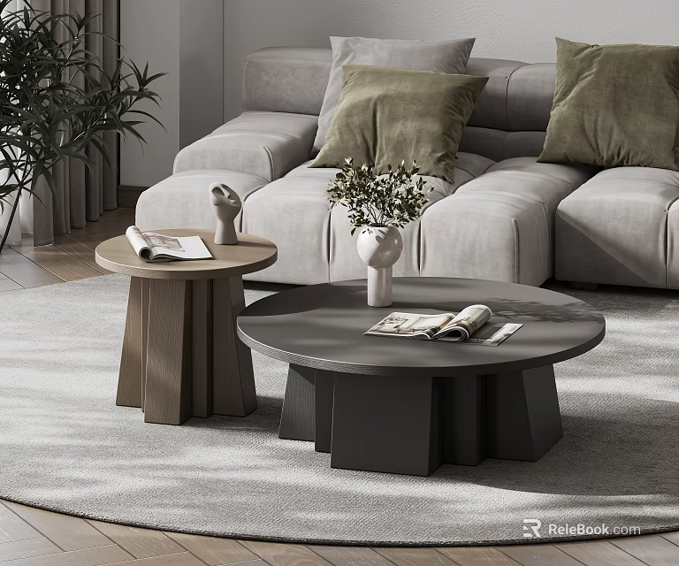 Modern Coffee Tables with Potted Plant Books and Green Cushions by Grey Sofa on Rug 3d model 