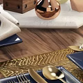 Blue Ceramic Square Bowl And Plate Dinnerware Set With Gold Flatware Placemats On Dining Table 3d model