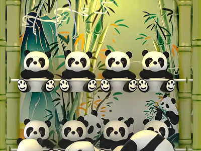 Fun Interactive Area with Cute Panda Dolls and Bamboo Background for Kids Play 3d model