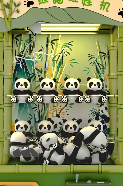Fun Interactive Area with Cute Panda Dolls and Bamboo Background for Kids Play 3d model
