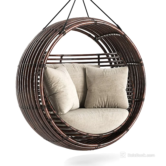 Round Dark Brown Rattan Hanging Chair With Light Colored Cushions For Cozy Relaxation 3d model 