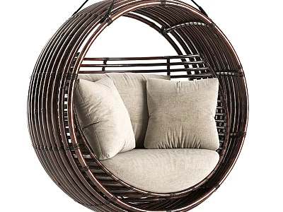 Round Dark Brown Rattan Hanging Chair With Light Colored Cushions For Cozy Relaxation 3d model