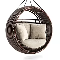 Round Dark Brown Rattan Hanging Chair With Light Colored Cushions For Cozy Relaxation