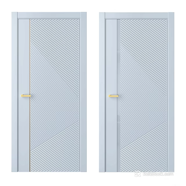 Elegant Light Gray Hinged Doors With Diagonal Stripe Pattern And Gold Handles 3d model