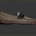 Beige Suede Loafer Shoes Featuring Brown Strap Detail And Red Trim Sole
